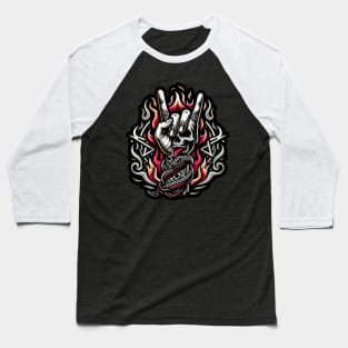 Heavy Metal Never Dies - Flaming Horns Hand Pentagram Rock N' Roll Baseball T-Shirt